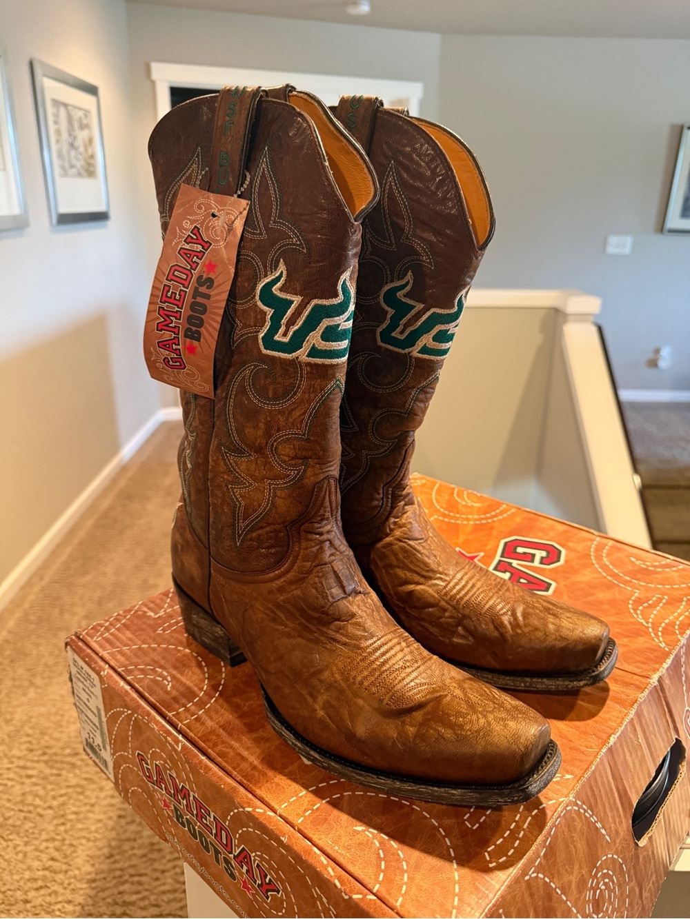 Gameday Boots Men's Brown Leather Cowboy Boots with USF Embroidery NIB